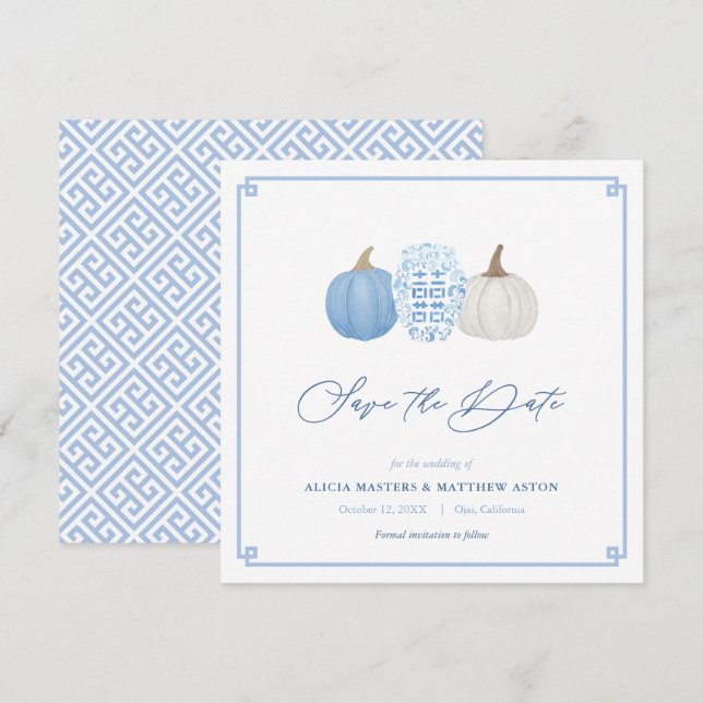 Reserve A Data Casamento De Pumpkins De Queda Azul E Branca (Frente/Verso)