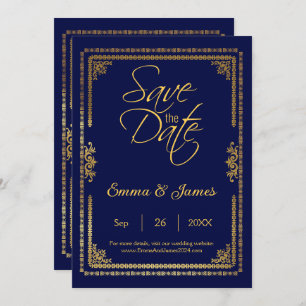 Reserve A Data Casamento de Quadro Dourado e Azul-Marinho Elegant