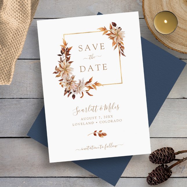 Reserve A Data Casamento de Quadro Dourado Quadrado Floral Quadra (Fall Watercolor Floral Square Gold Frame Wedding Save The Date by Painted Paperie
)
