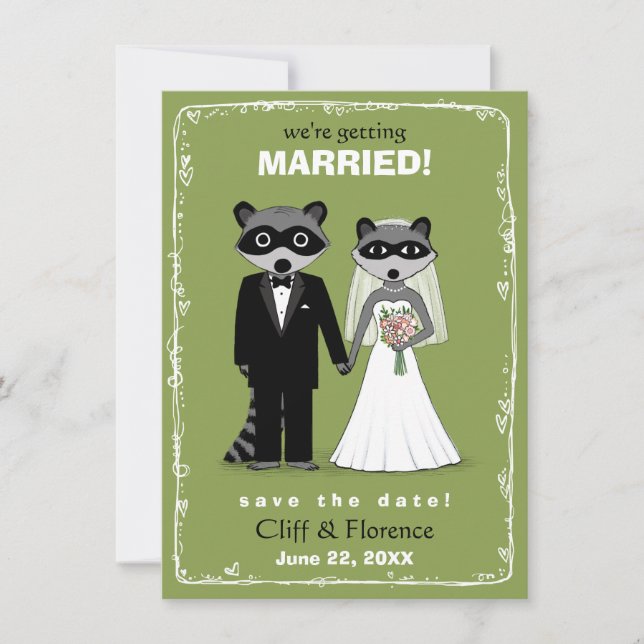 Reserve A Data Casamento de Raccoons Salve a Data Verde (Frente)