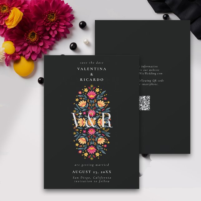 Reserve A Data Casamento de Rancho QR Floral Moderno Elegante Mex (mexican wedding save the date fiesta rancho mexico hacienda floral elegant modern qr code monograms)