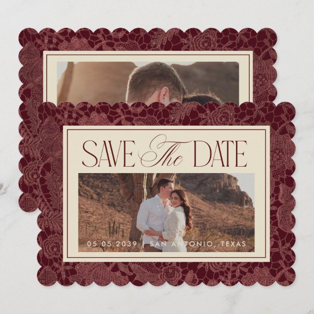 Reserve A Data Casamento de Renda Burgundy com Recorte Vitoriano  (Frente/Verso)