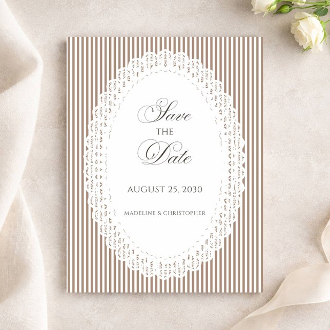Reserve A Data Casamento de Renda com Listra Marrom Mocha (Criador carregado)