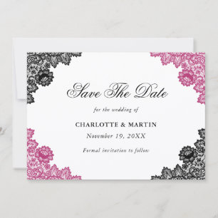 Reserve A Data Casamento de Renda Floral Rosa Quente e Preto