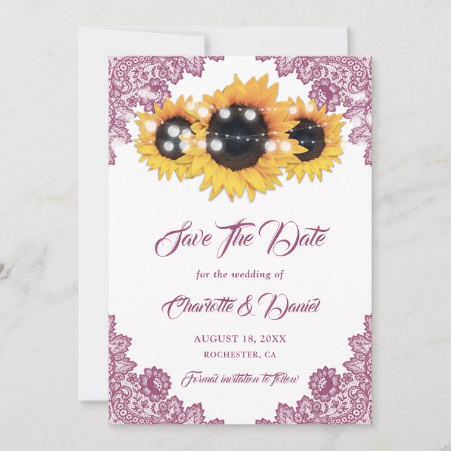 Reserve A Data Casamento de renda floral rústica de girassol rosa (Frente)