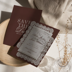 Reserve A Data Casamento de Renda Marrom Chocolate Vintage Dinhei