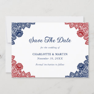 Reserve A Data Casamento de rendas azuis e vermelhas do marinho