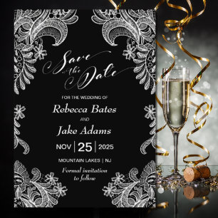 Reserve A Data Casamento de rendas brancas e pretas elegantes
