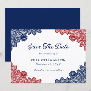 Reserve A Data Casamento de rendas florais marinho Azul e Vermelh