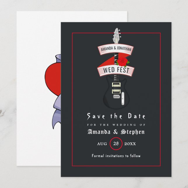 Reserve A Data Casamento de Rock and Roll Monograma Salve a Data (Frente/Verso)