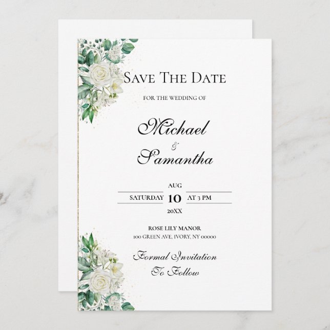 Reserve A Data Casamento de Rosa Branca Elegante e Lírios (Frente/Verso)