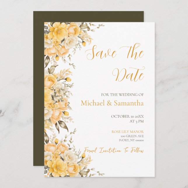 Reserve A Data Casamento de Rosa de marfim e amarelo legante (Frente/Verso)