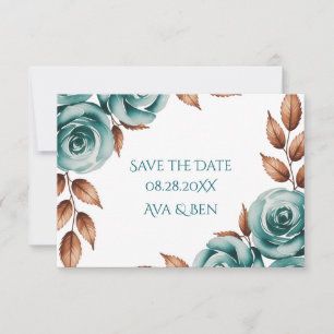 Reserve A Data Casamento de Rosas Azul-Verde e Folhas de Bronze