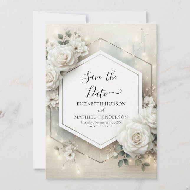 Reserve A Data Casamento de Rosas Brancas Clássicas Personalizada (Frente)