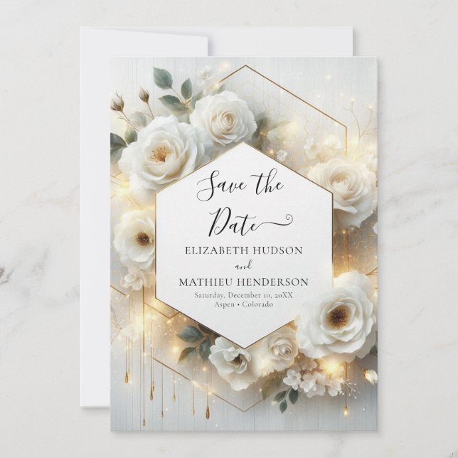 Reserve A Data Casamento de Rosas Brancas Românticas Minimalista (Frente)