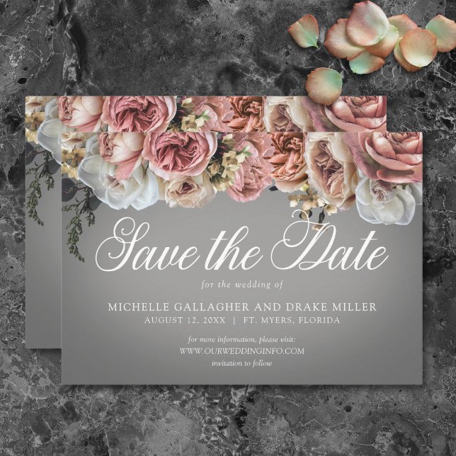 Reserve A Data Casamento de Rosas Florais Brancas Elegantes (Elegant Pink White Floral Roses Gray Wedding Save The Date)