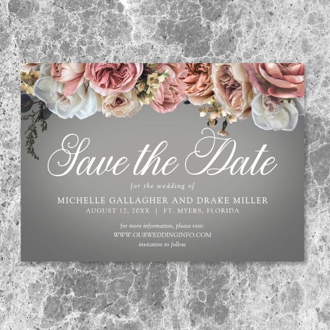Reserve A Data Casamento de Rosas Florais Brancas Elegantes (Elegant Pink White Floral Roses Gray Wedding Save The Date)
