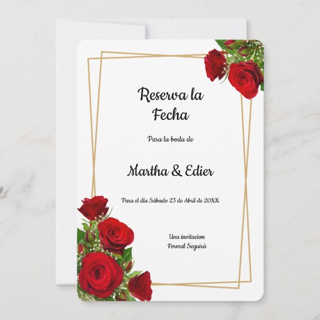 Reserve A Data Casamento de Rosas Vermelhas Elegantes Formal  (Frente)