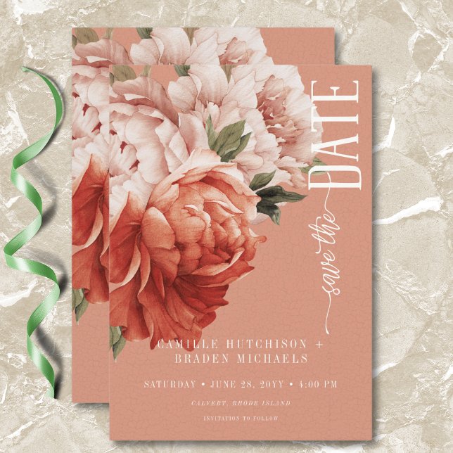 Reserve A Data Casamento de Rust Rustic & Peach Peonies Vintage (Vintage Rustic Rust & Peach Peonies Wedding Save The Date)