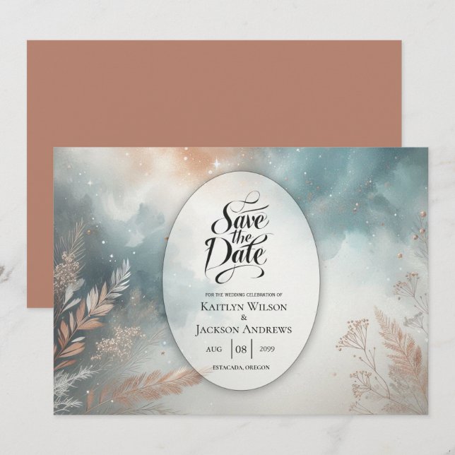 Reserve A Data Casamento de Sage e Terracotta Stardust Skies (Frente/Verso)