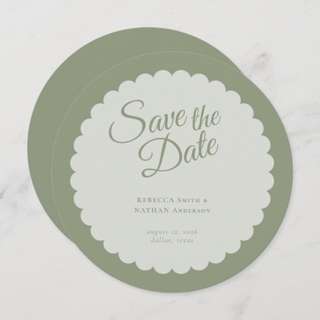 Reserve A Data Casamento de Scallop Verde do Elegante Sage (Frente/Verso)