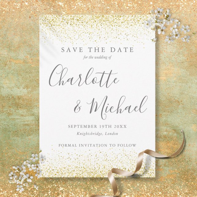 Reserve A Data Casamento de Script de Assinatura Elegante com Bri (Gold Glitter Elegant Signature Script Wedding Save The Date)