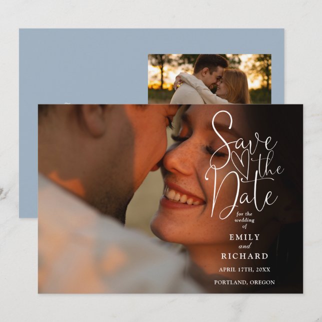 Reserve A Data Casamento de Script Elegante Azul Poeirento 2 Foto (Frente/Verso)
