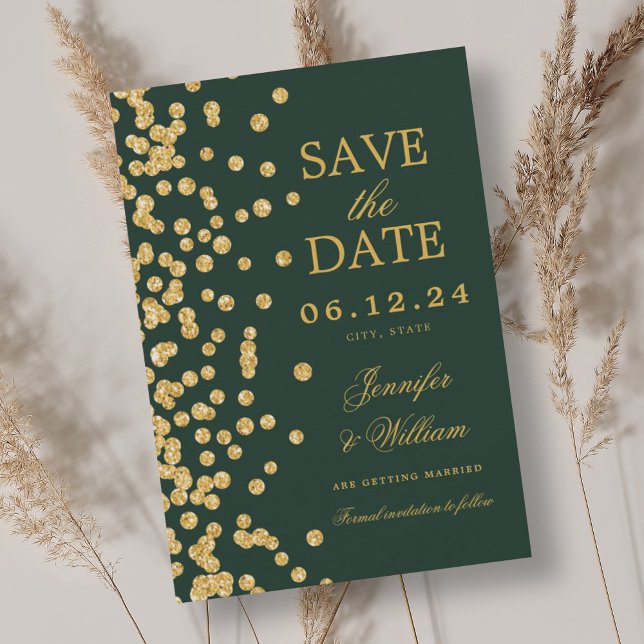 Reserve A Data Casamento de Script Elegante Confetti Emerald Gree (Elegant Script Wedding Gold Confetti Emerald Green Save The Date)
