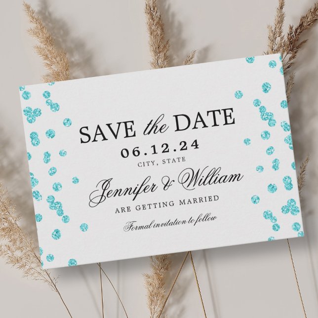 Reserve A Data Casamento de Script Elegante Confetti Turquoise (Elegant Script Wedding Confetti Turquoise Save The Date)