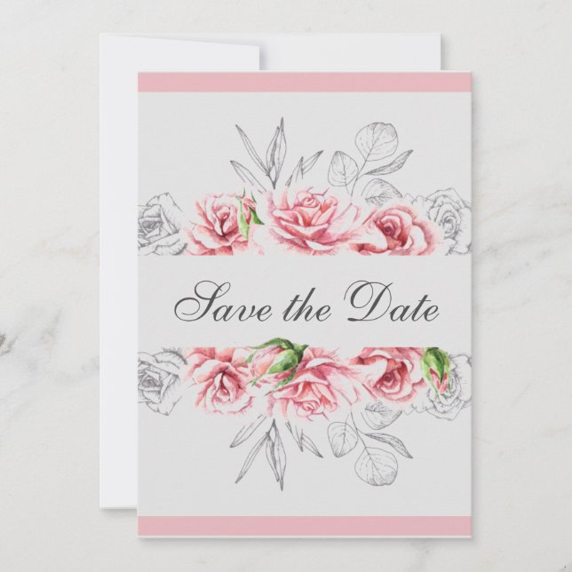 Reserve A Data Casamento de Script Floral de Cinza Rosa Elegante (Frente)