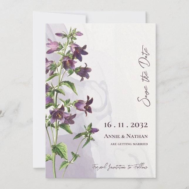 Reserve A Data Casamento de Script Floral de Púrpura Chic Elegant (Frente)