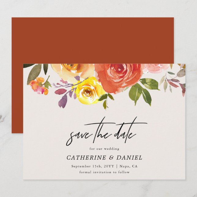 Reserve A Data Casamento de Script Floral do Autumn Autumn Elegan (Frente/Verso)