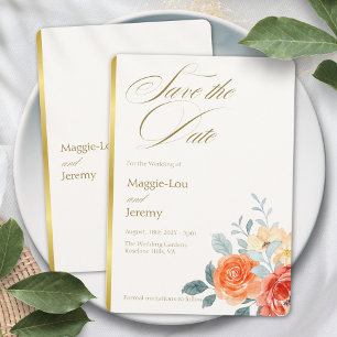 Reserve A Data Casamento de Script Floral Dourado Elegante