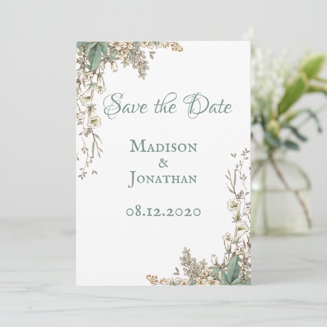 Reserve A Data Casamento de Script Floral Elegante Greenery (Em pé/Frente)
