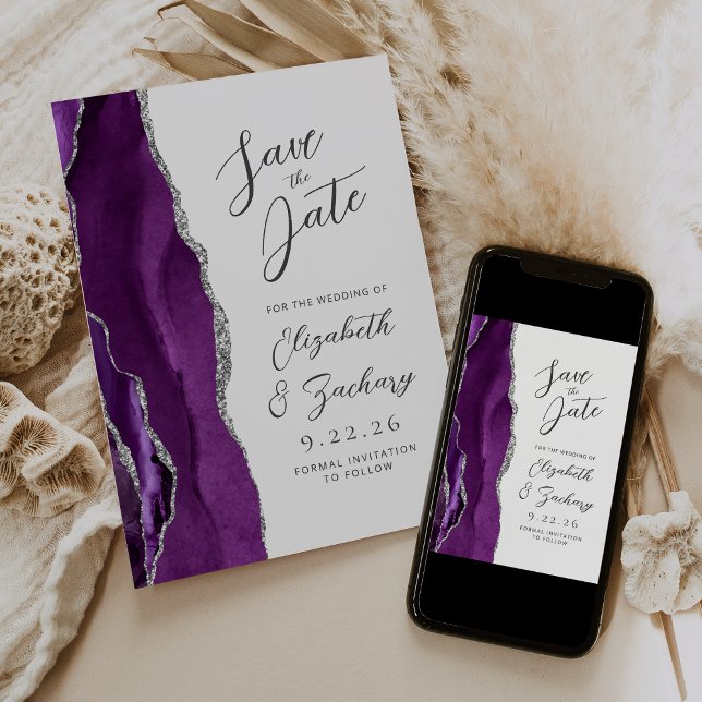 Reserve A Data Casamento de Script Moderno de Prata Roxo Agate (Criador carregado)
