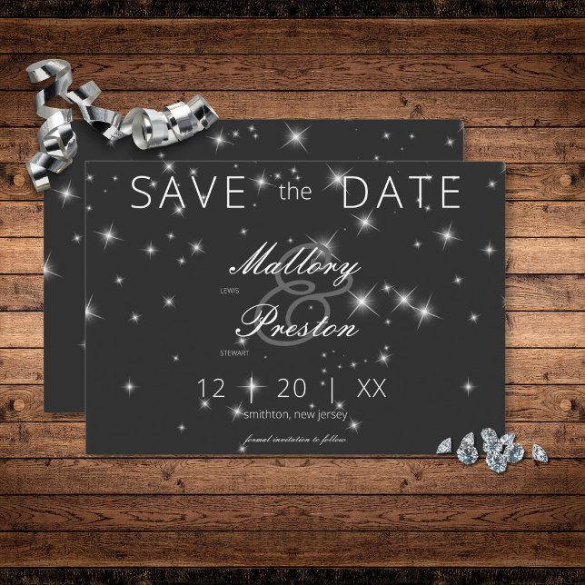 Reserve A Data Casamento de Sparkle Black Winter Modern (Modern Charcoal Black Winter Sparkle Save the Date Card)