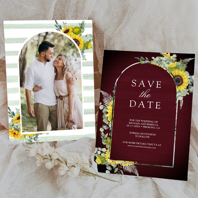 Reserve A Data Casamento de Sunflower Eucalyptus Photo Burgundy (Criador carregado)