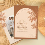 Reserve A Data Casamento de Terracotta com Palm Tree Beach<br><div class="desc">Surpreenda seus amigos e família com esses convites modernos,  na moda "Salve a Data",  com arca creme,  palmeiras de terracota,  fotografia personalizada e outros detalhes. Adicione facilmente seus próprios detalhes clicando na opção "personalizar".</div>