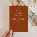 Reserve A Data casamento de tipografia branca<br><div class="desc">design boêmia de terracota com letra na moda moderna. Nosso belo casamento personalizado salve os cartões de data...  uma design que complementa qualquer tema de casamento. A frente da placa apresenta um texto personalizado junto com uma bela imagem.</div>