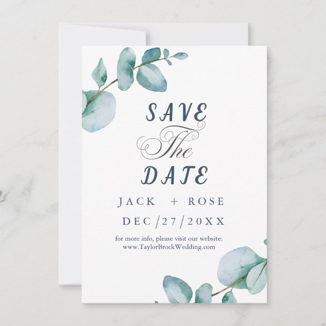 Reserve A Data Casamento de Verão de Eucalyptus Greenery Rustic. (Frente)