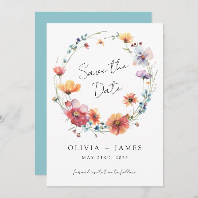 Reserve A Data Casamento de Verão de Wreath de Flor Selvagem Eleg (Frente/Verso)