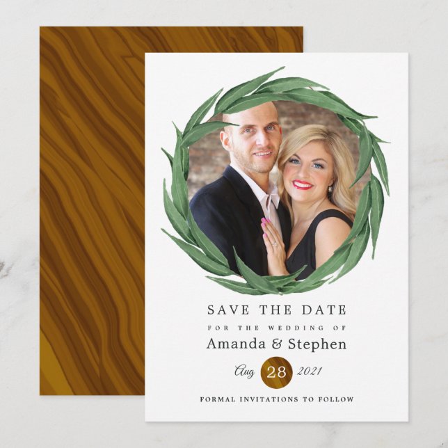 Reserve A Data Casamento de Verdura Florestal de Madeira Rústica (Frente/Verso)