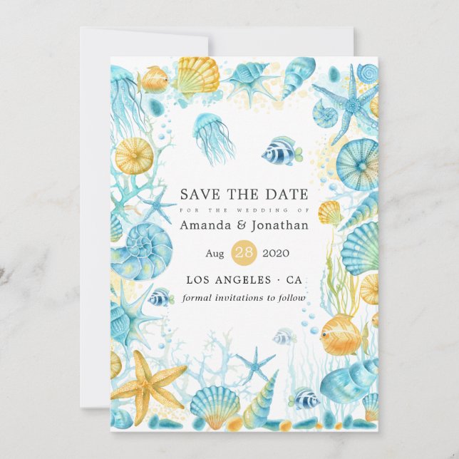 Reserve A Data Casamento de Vida Marinha Azul e Amarelo (Frente)