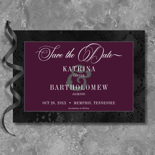 Reserve A Data Casamento de Vinho Satin Damask Negro Negro Escuro (Dark Gothic Black Floral Satin Damask Wine Wedding Save The Date)