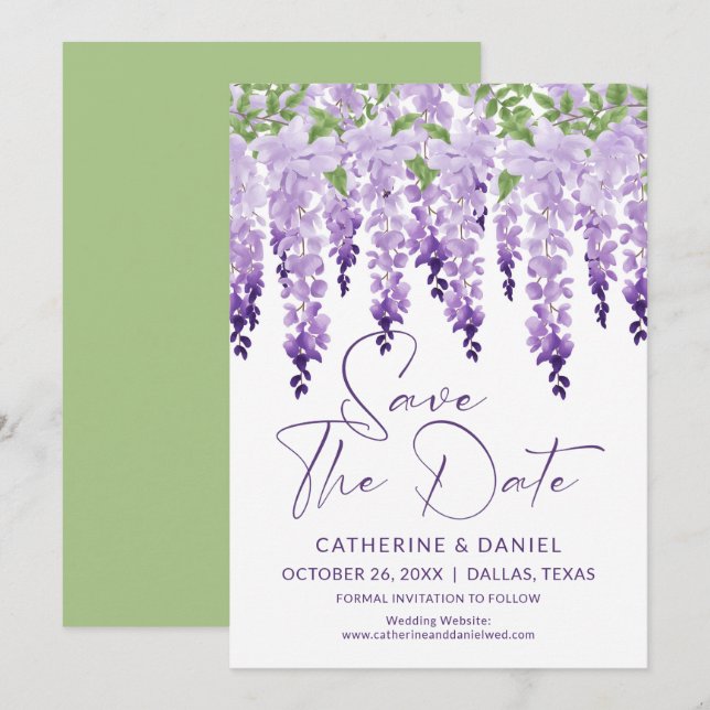 Reserve A Data Casamento de Wisteria com Aguarela Roxa Lavanda (Frente/Verso)