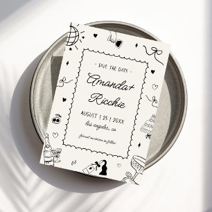 Reserve A Data Casamento Desenho à Mão Divertido Retrô Caprichoso