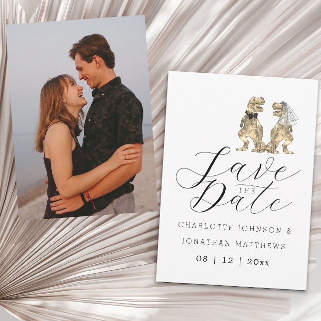 Reserve A Data Casamento Divertido com Tema de Dinossauro (Funny dinosaur theme wedding save the date photo card elegant script fun T-Rex dino bride & groom)
