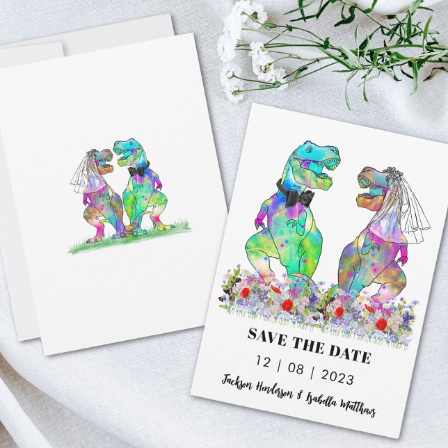 Reserve A Data Casamento Divertido de Dinossauro (T-Rex bride and groom colorful wildflower meadow funny wedding save the date invitation )