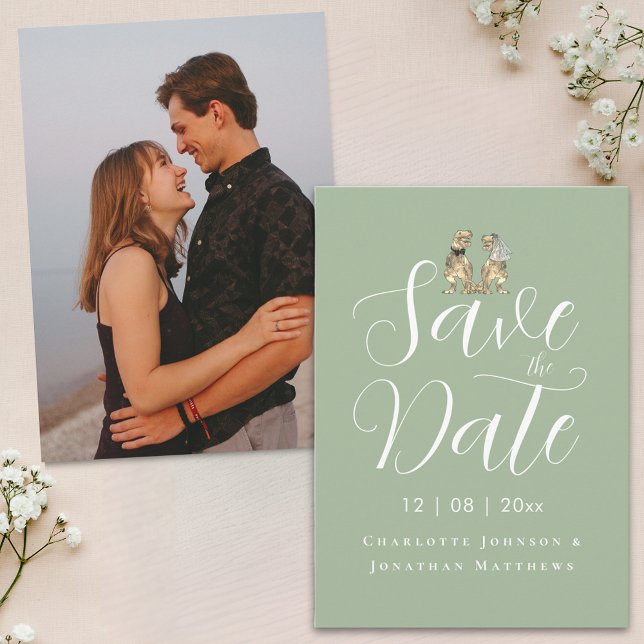 Reserve A Data Casamento Divertido de Dinossauro em Foto Moderna (Modern photo dinosaur theme wedding save the date elegant script sage green and white invitation)