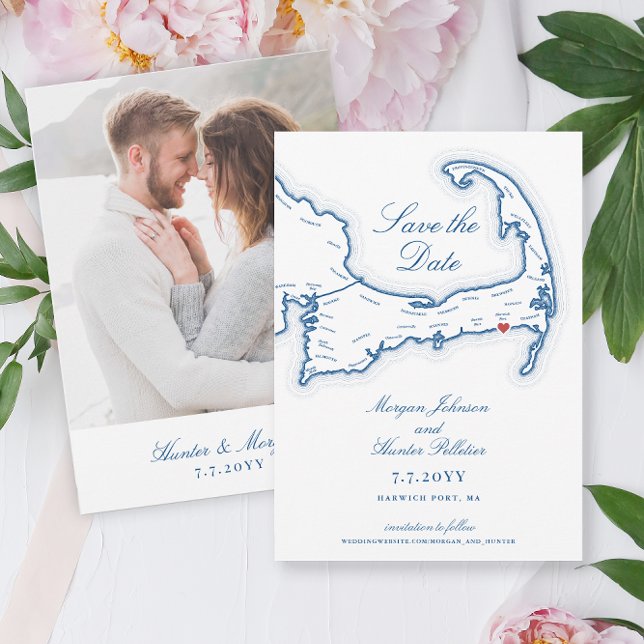Reserve A Data Casamento do Clube de Praia de Cape Cod Wychmere (Wychmere Beach Club Save the Date with Harwich Port MA Cape Cod Map in elegant navy blue)
